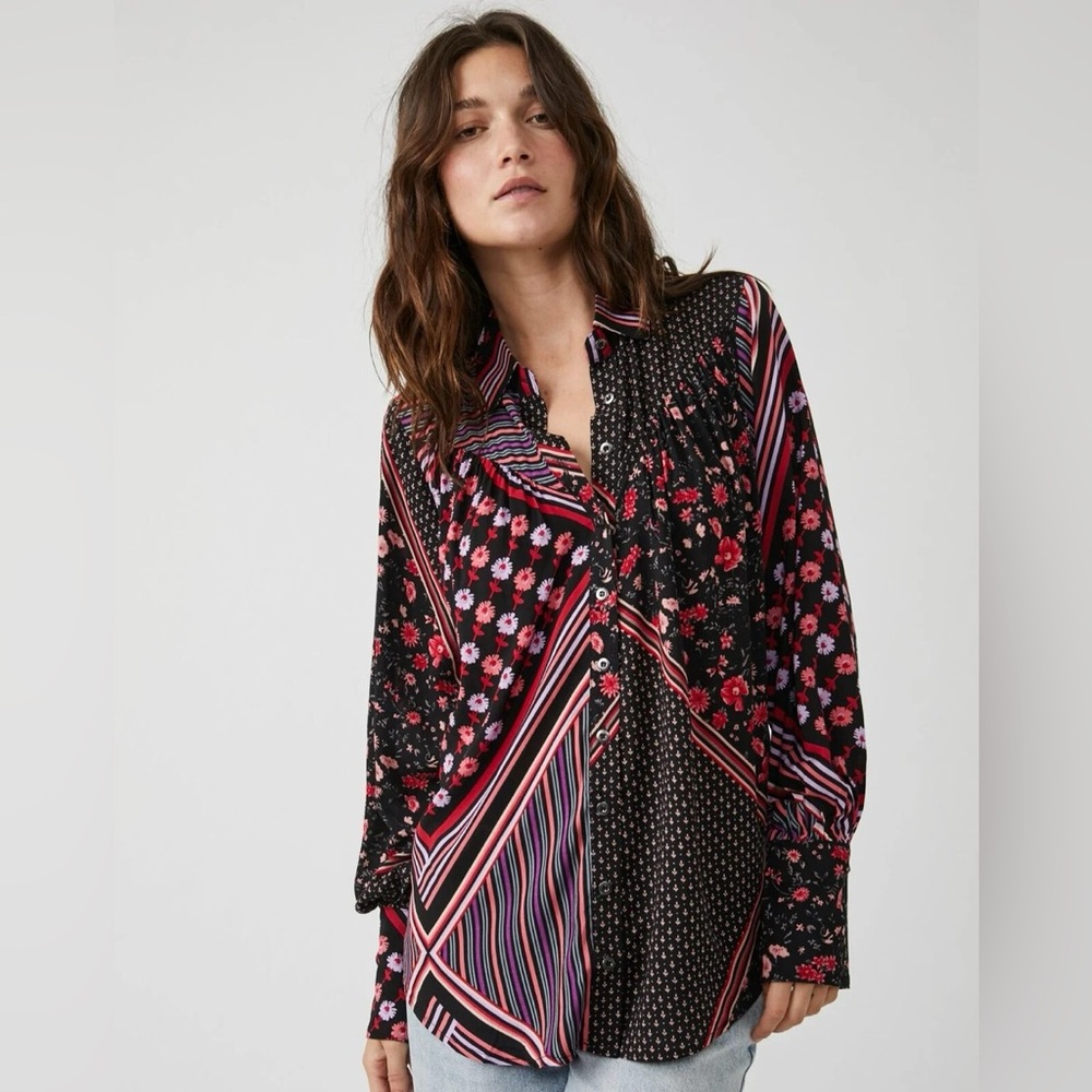 FREE PEOPLE xs mixed media balloon sleeve button up blouse euc